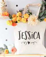 Personalized Name with Mini Heart Cotton Canvas Tote Bag by The Cotton & Canvas Co.