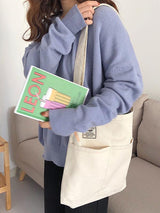 Simple Solid Color With-pockets Canvas Handbag by migunica