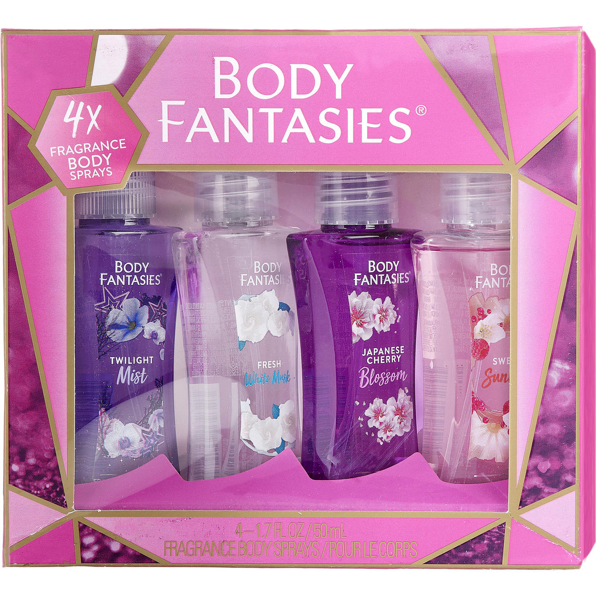 BODY FANTASIES VARIETY by Body Fantasies - 4 PIECE SET WITH JAPANESE CHERRY BLOSSOM & FRESH WHITE MUSK & TWILIGHT MIST & SWEET SUNRISE AND ALL ARE BODY SPRAY 1.7 OZ - Women