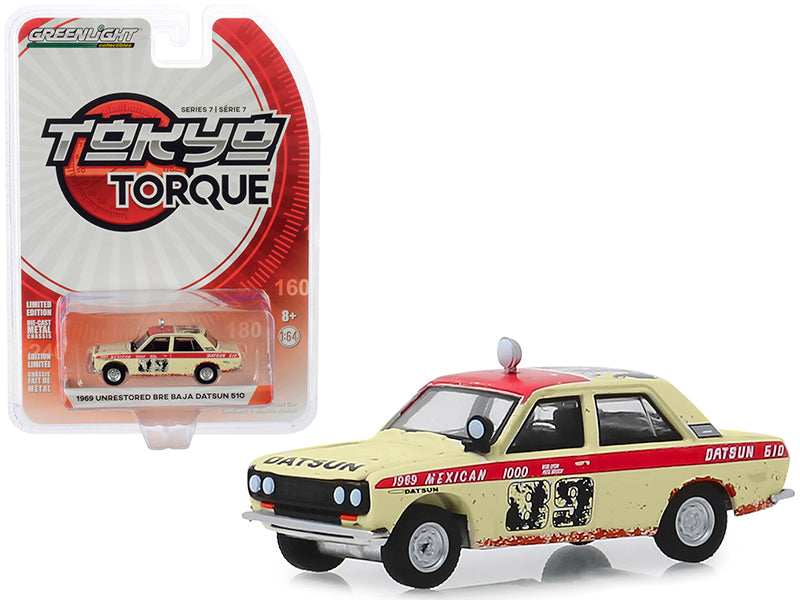 1969 Datsun 510 4-Door Sedan #89 Peter Brock "Brock Racing Enterprises" (BRE) Mexican 1000 Rally (1969) (Unrestored) "Tokyo Torque" Series 7 1/64 Diecast Model Car by Greenlight