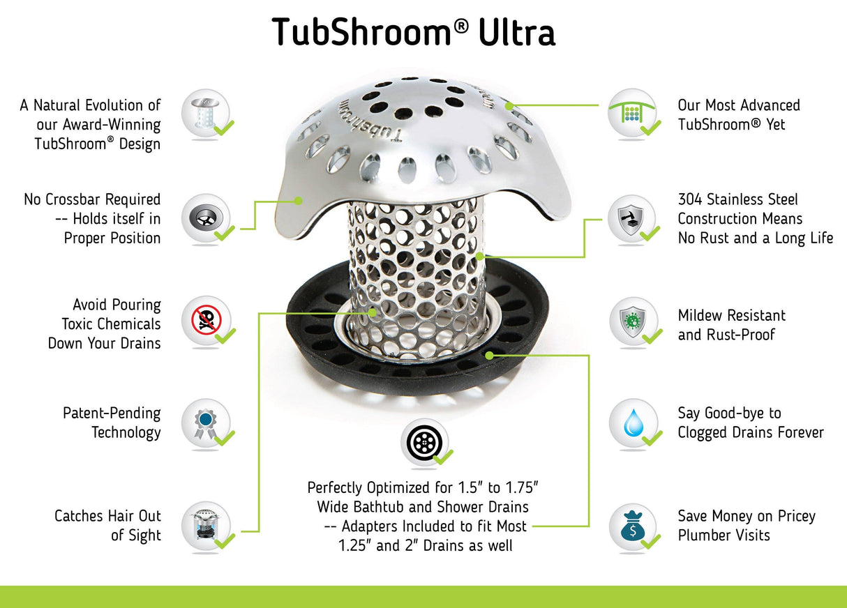 TubShroom Ultra (Stainless) Plus StopShroom® Plug Combo for Tub Drains by TubShroom.com