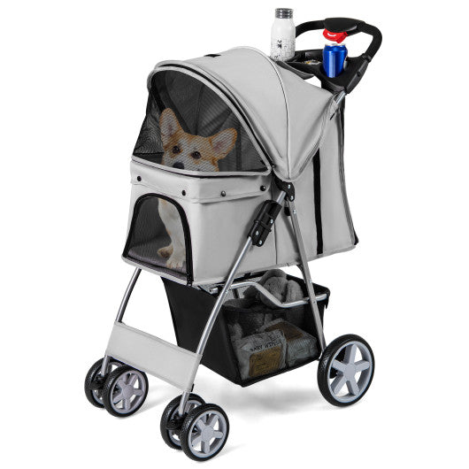 Folding Pet Stroller with Storage Basket and Adjustable Canopy-Gray