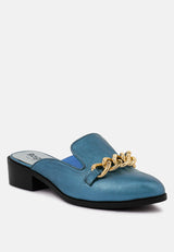 aksa chain embellished metallic leather mules by London Rag