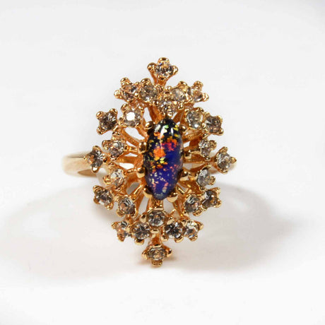 Vintage Ring Genuine Opal with Clear and Ruby Austrian Crystals 18kt Yellow Gold Electroplated by PVD Vintage Jewelry