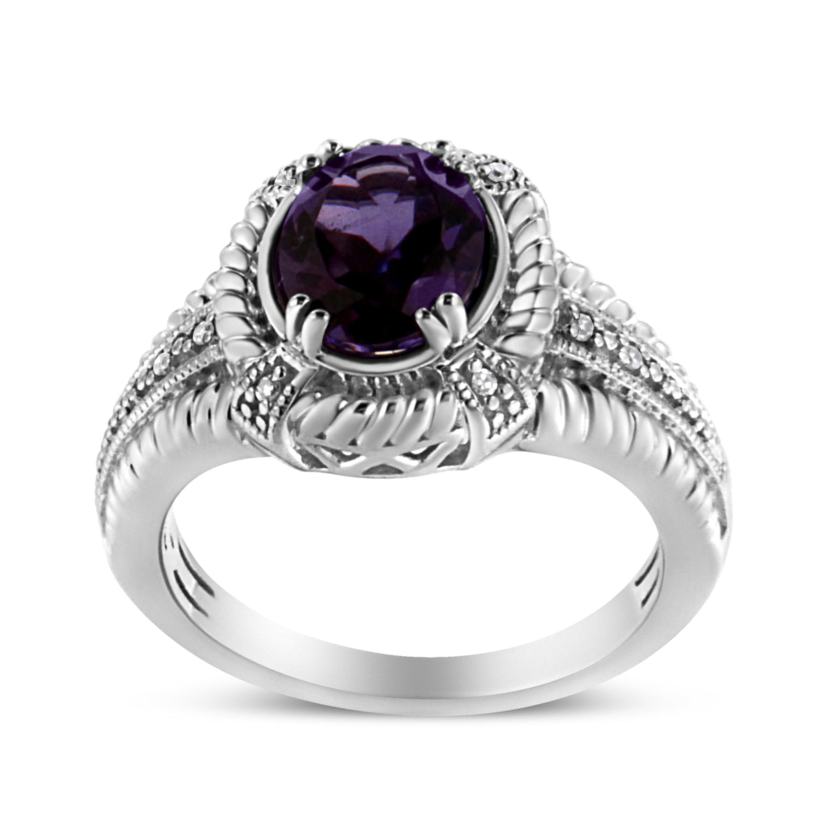 .925 Sterling Silver Prong Set Natural Oval Shape 9X7 MM Purple Amethyst Solitaire and Diamond Accent Ring (I-J Color, I1-I2 Clarity) by Infinite Jewels