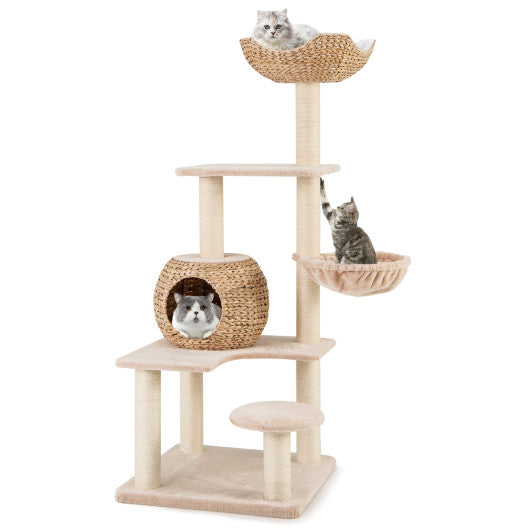 5-Layer Climbing Cat Tree with Sisal Scratching Posts and Washable Cushions-Beige