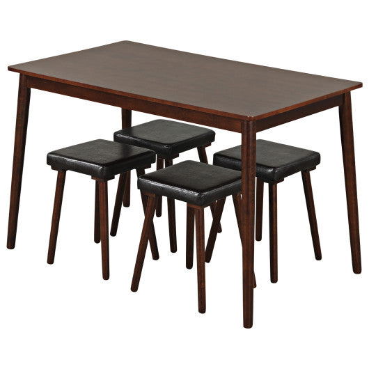 5 Piece Dining Table Set for 4 with 4 Upholstered Stools and Rubber Wood Legs-Brown