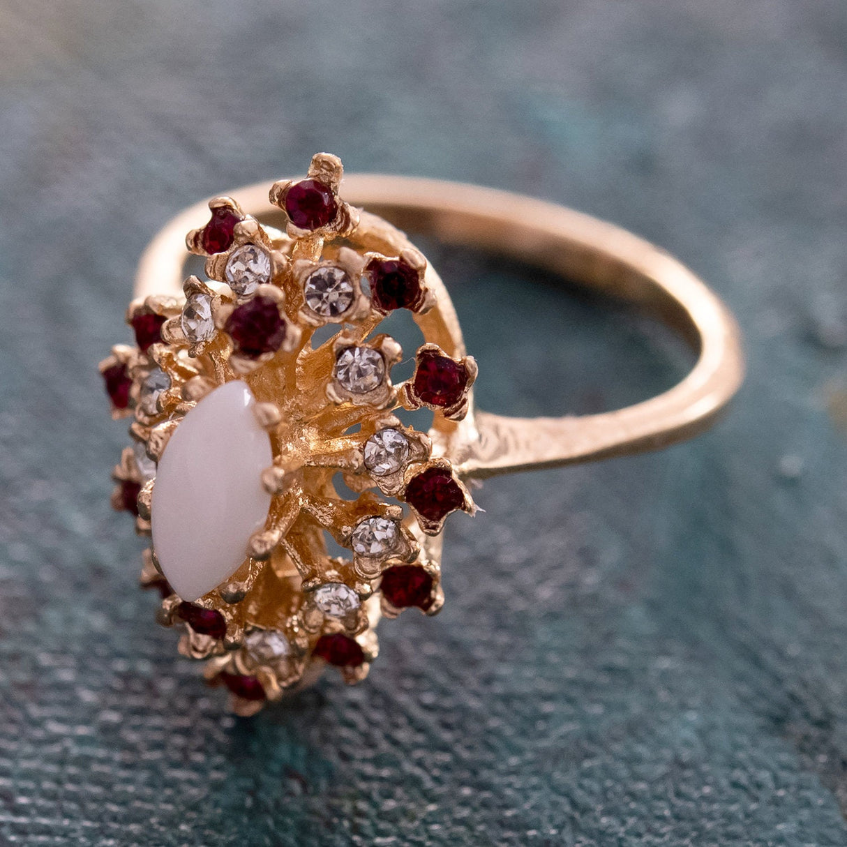 Vintage Ring Genuine Opal with Clear and Ruby Austrian Crystals 18kt Yellow Gold Electroplated by PVD Vintage Jewelry