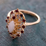 Vintage Ring Genuine Opal with Clear and Ruby Austrian Crystals 18kt Yellow Gold Electroplated by PVD Vintage Jewelry