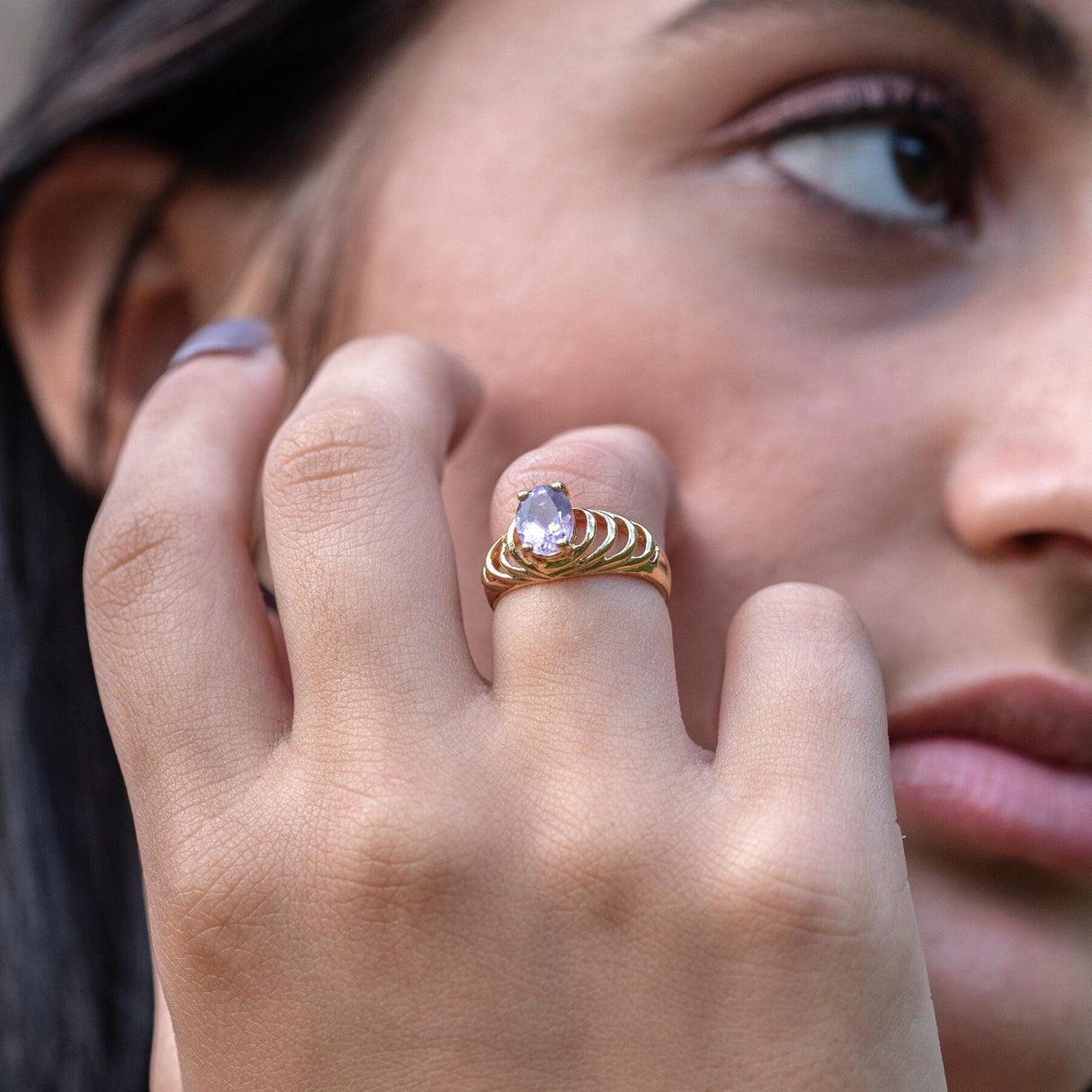 Vintage Ring Genuine Amethyst and Clear Swarovski Crystals 18kt Gold Plated R690 by PVD Vintage Jewelry