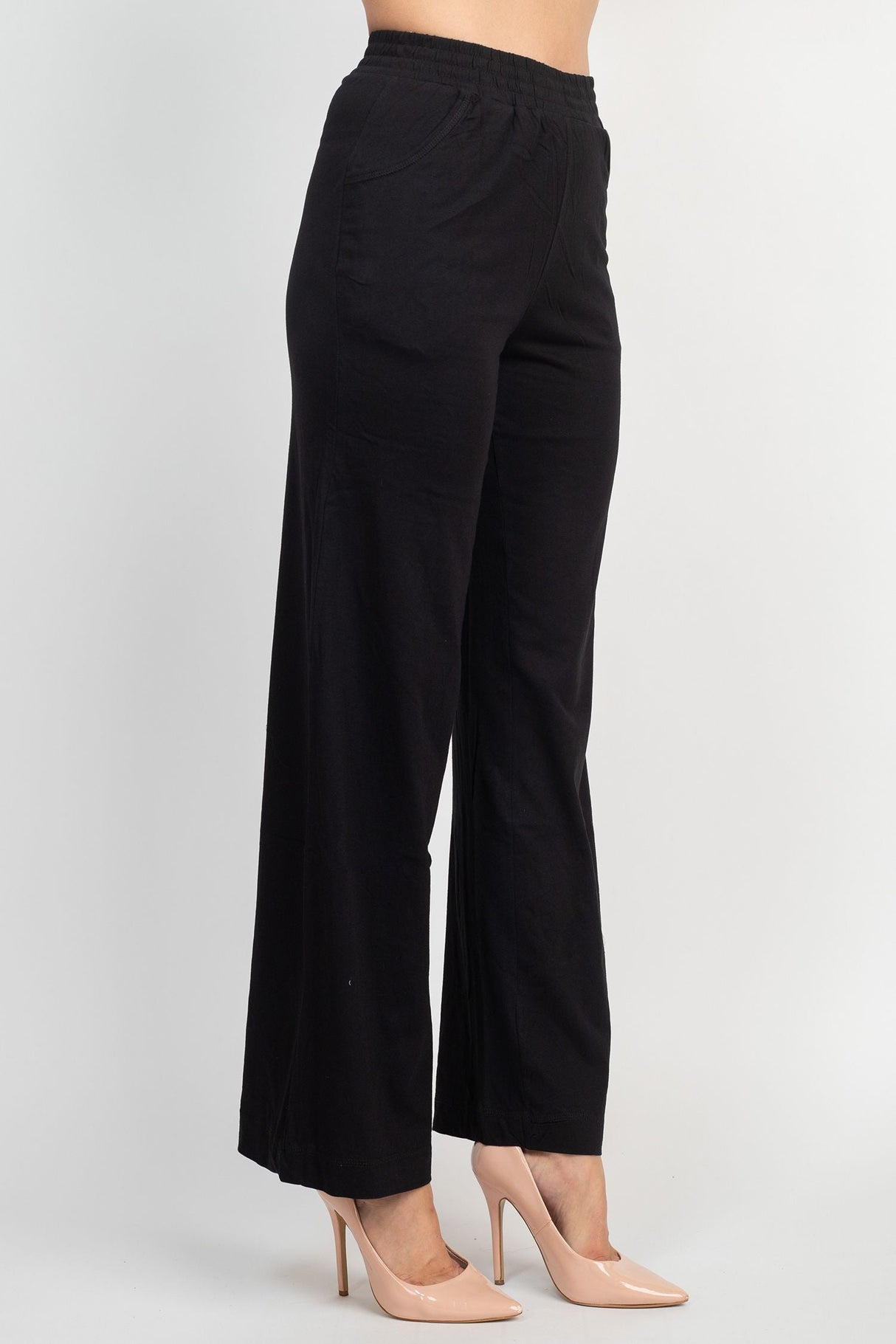 For the Republic Elastic Mid Waist Wide Leg Pockets Solid Pull-on Jersey Pant by Curated Brands