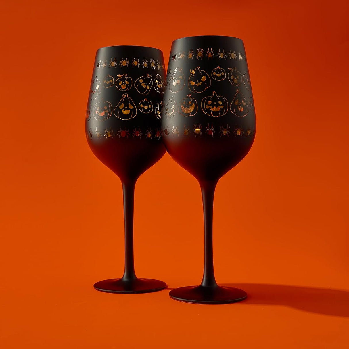 Crystal Halloween Stemmed Wine Glasses - Set of 2 - Pumpkin Themed Vibrant Black & Gold Spooky Ghost Pattern Frosted Glass, Perfect for Themed Gothic Parties Trick Or Treat Gifts for Him Her (16 OZ) by The Wine Savant