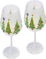 Set of 2 Stemmed Christmas Tree Design Wine Glasses - Hand Painted 14 oz Decorated Christmas Tree Glasses - Perfect for Wine, Champagne, Holiday Parties and Festivities - 8.75" High, 14 oz Capacity by The Wine Savant