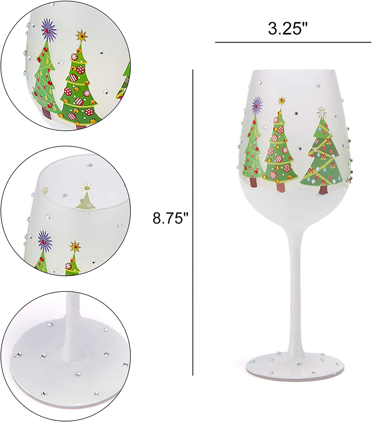 Set of 2 Stemmed Christmas Tree Design Wine Glasses - Hand Painted 14 oz Decorated Christmas Tree Glasses - Perfect for Wine, Champagne, Holiday Parties and Festivities - 8.75" High, 14 oz Capacity by The Wine Savant