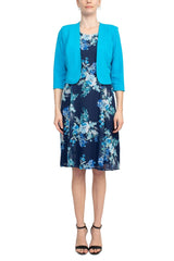 Studio One Crew Neck Sleeveless Bodycon Floral Print Chiffon Dress with 3/4 Sleeve Textured Bolero by Curated Brands