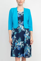 Studio One Crew Neck Sleeveless Bodycon Floral Print Chiffon Dress with 3/4 Sleeve Textured Bolero by Curated Brands