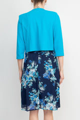 Studio One Crew Neck Sleeveless Bodycon Floral Print Chiffon Dress with 3/4 Sleeve Textured Bolero by Curated Brands