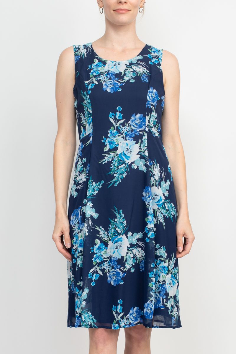 Studio One Crew Neck Sleeveless Bodycon Floral Print Chiffon Dress with 3/4 Sleeve Textured Bolero by Curated Brands