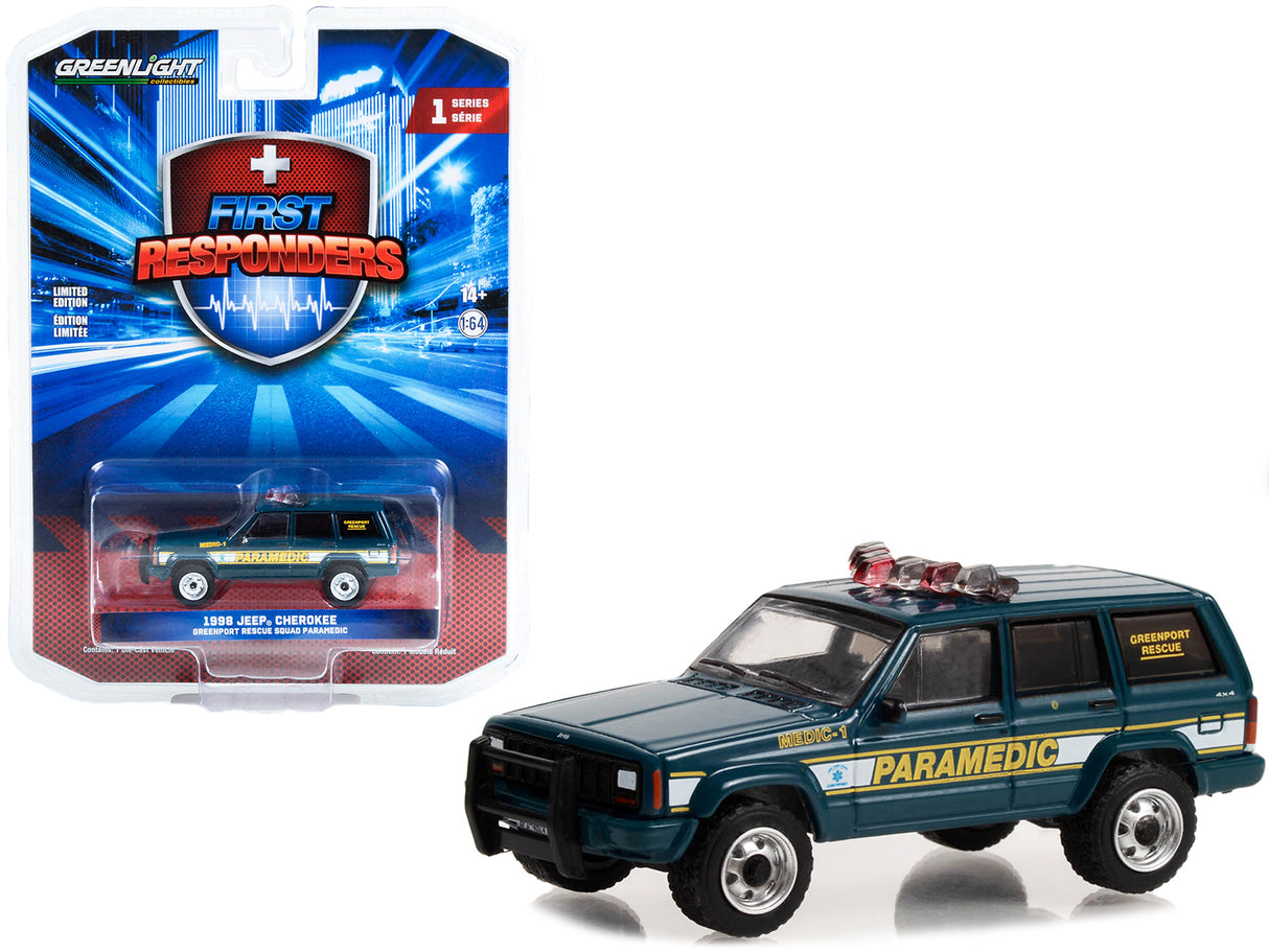 1998 Jeep Cherokee Blue "Greenport Rescue Squad Paramedic Greenport New York" "First Responders" Series 1 1/64 Diecast Model Car by Greenlight