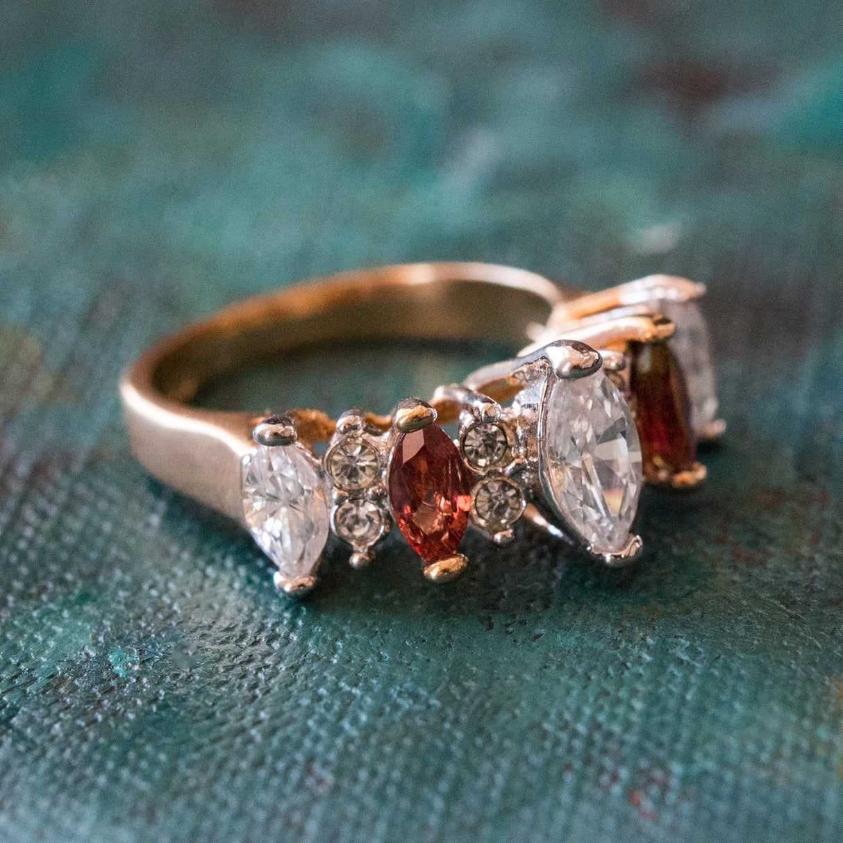 Vintage Genuine Garnet and Clear Cubic Zirconia Cocktail Ring 18k Yellow Gold Electroplated by PVD Vintage Jewelry