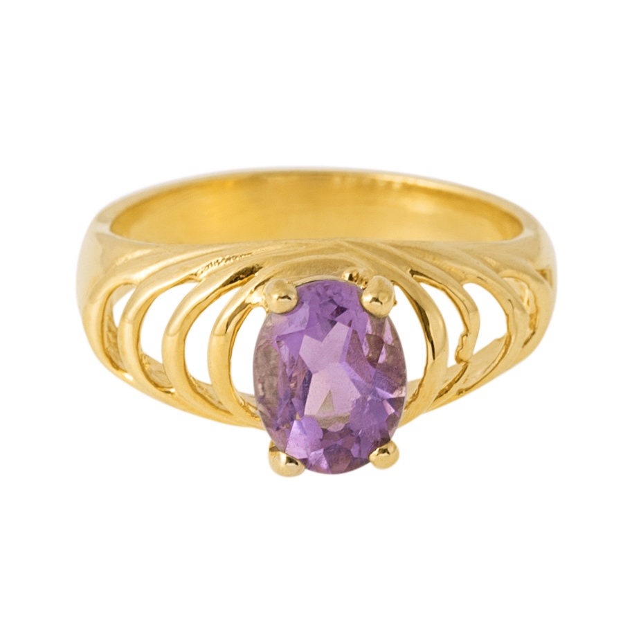 Vintage Ring Genuine Amethyst and Clear Swarovski Crystals 18kt Gold Plated R690 by PVD Vintage Jewelry