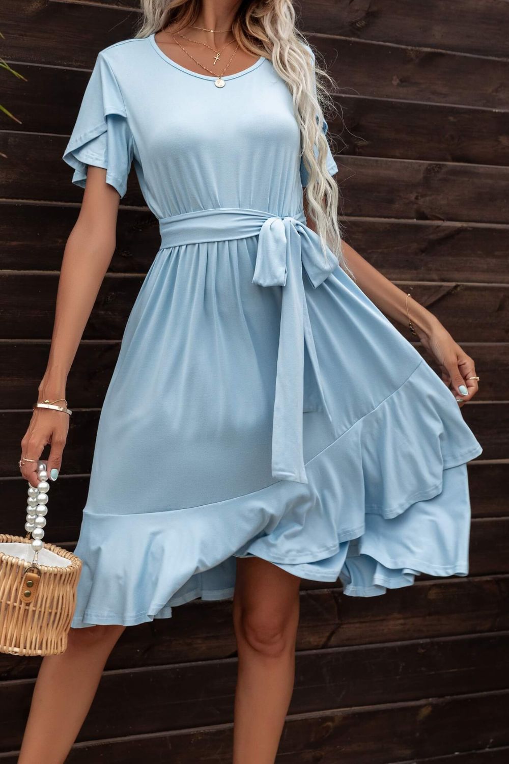 Tie Waist Petal Sleeve Ruffle Hem Dress by Faz