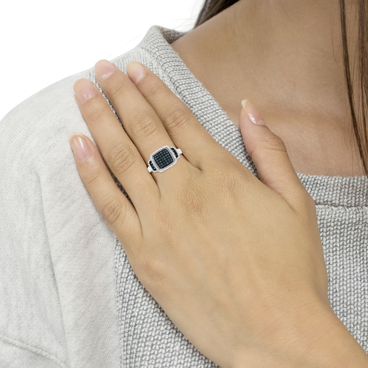 Black Rhodium Plated .925 Sterling Silver 1/2 Cttw White & Blue Diamond Square Halo Cocktail Ring (Fancy Blue & H-I Color, I2-I3 Clarity) by Infinite Jewels