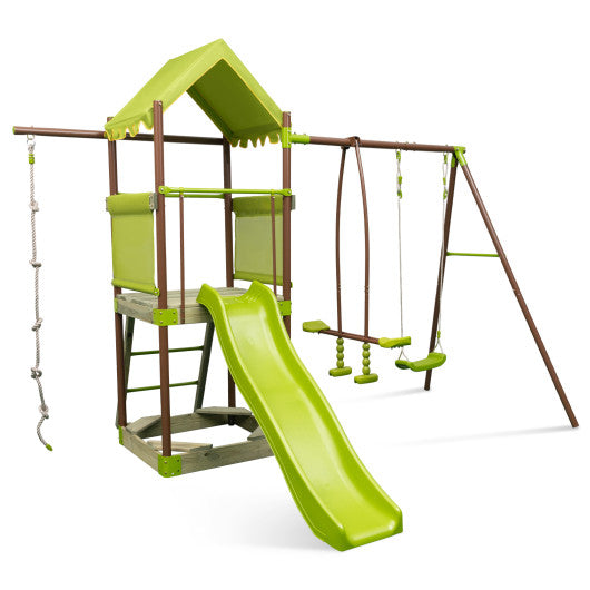 7-in-1 Kids Outdoor Metal Playset with Wave Slide and Climbing Rope-Green