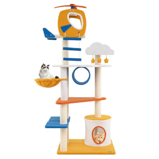 70 Inch Tall Aviation-themed Cat Tree with Helicopter Top Perch and Platforms-Yellow