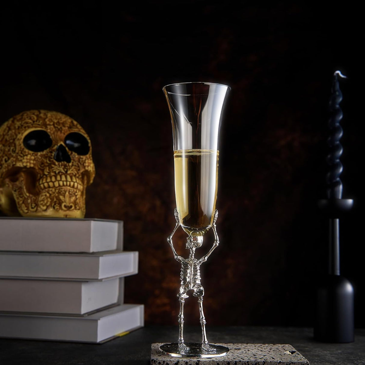 Skeleton Champagne Flute Glass | Single | 7.5oz Halloween Skeleton Glasses 10" H, Goth Gifts, Skeleton Gifts, Skeleton Decor, Spooky Wine Gift Set, Perfect for Halloween Themed Parties by The Wine Savant