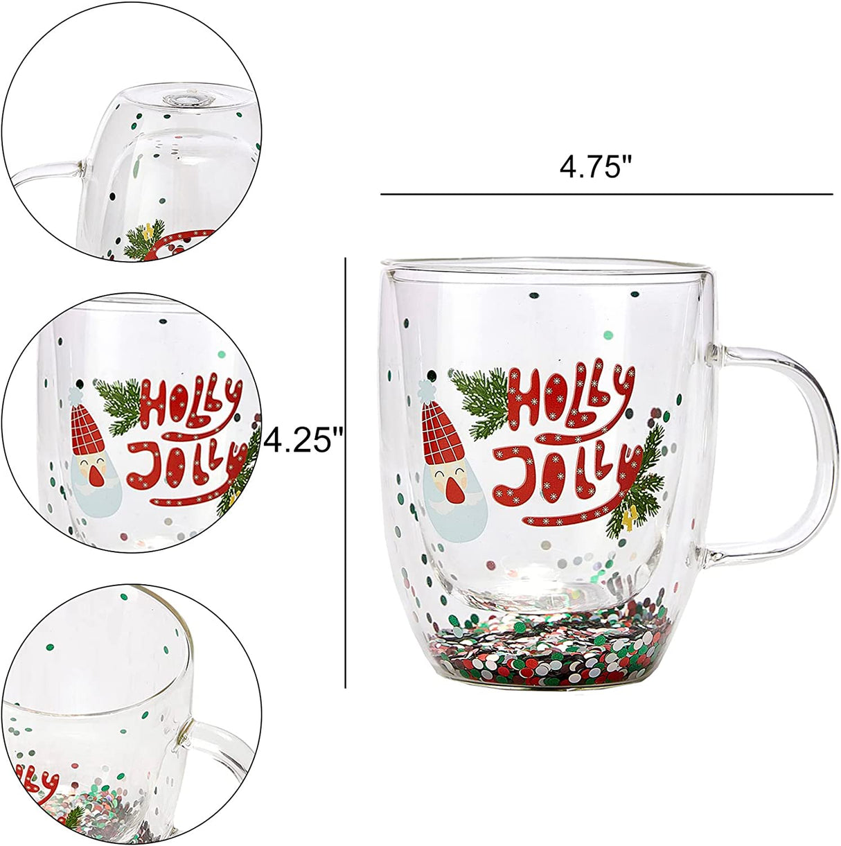 Set of 2 Holly Jolly Christmas Design Tumbler Mugs - Confetti Filled 9.5 oz Decorated Christmas Glass - Perfect for Wine, Eggnog, Cocoa, Holiday Parties & Festivities - 4.25" High, 9.5 oz Capacity by The Wine Savant