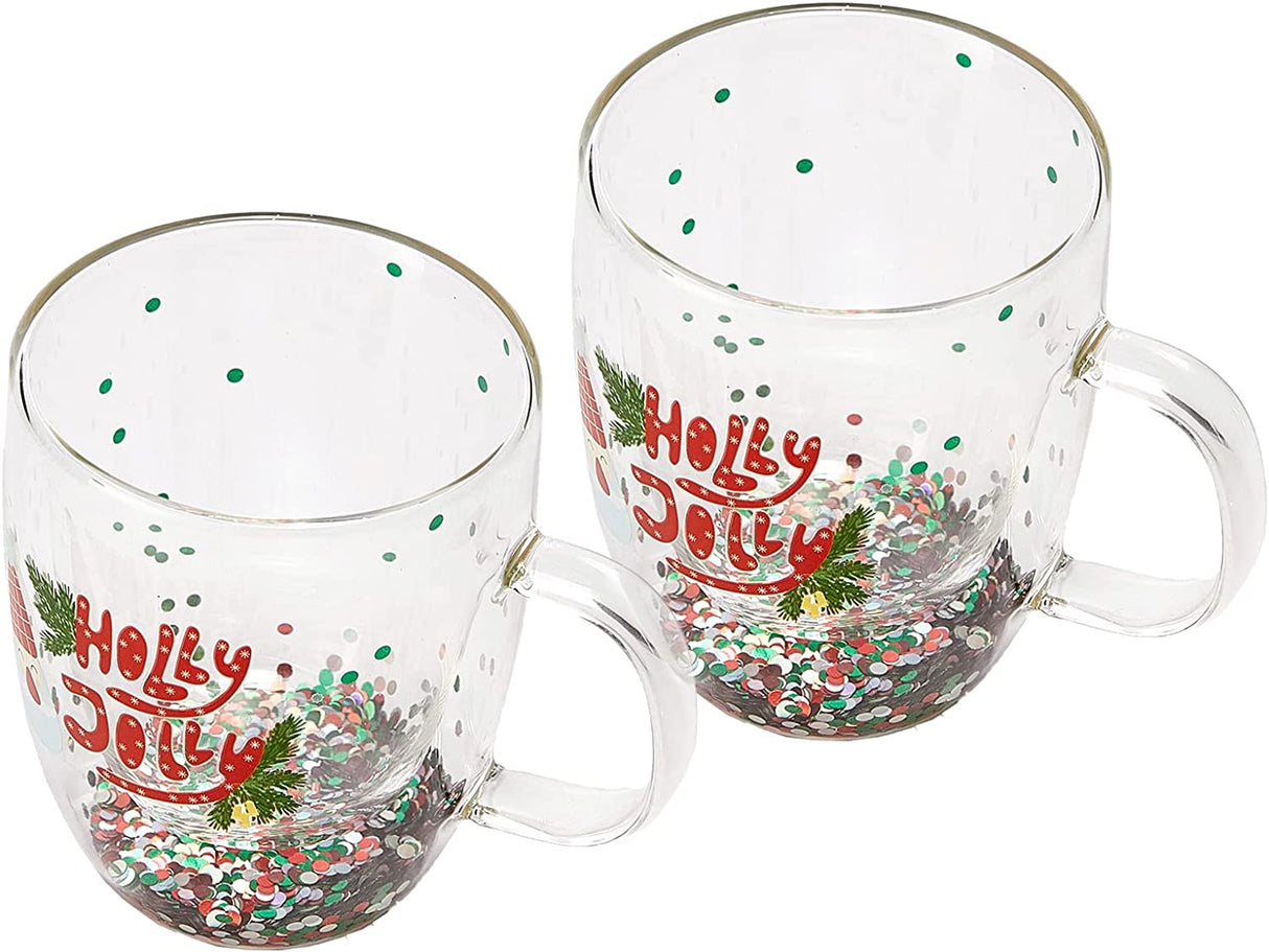 Set of 2 Holly Jolly Christmas Design Tumbler Mugs - Confetti Filled 9.5 oz Decorated Christmas Glass - Perfect for Wine, Eggnog, Cocoa, Holiday Parties & Festivities - 4.25" High, 9.5 oz Capacity by The Wine Savant