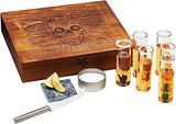 Tequila Shot Glass & Salt Gift Set for Men & Women | Six Agave Shot Glasses, Knife For Limes, One Skull Coaster, One Salt Tin | Skeleton Mahogany Wood Box Package For Tequila, Liquor Lovers by The Wine Savant