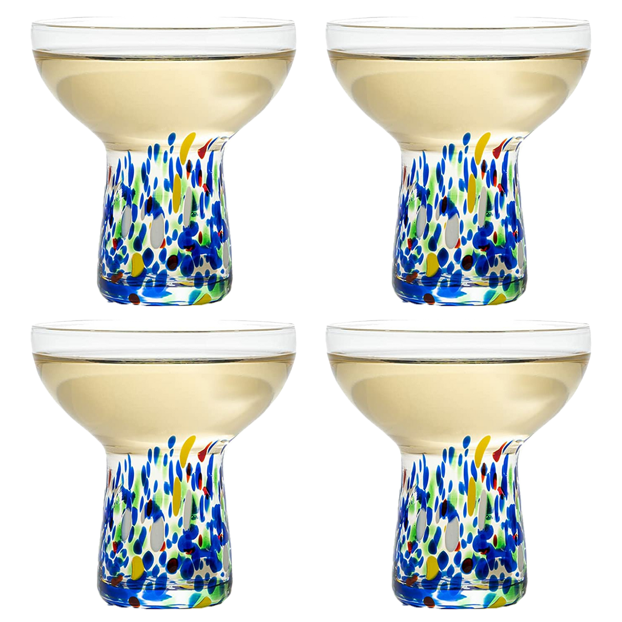 Stemless Margarita Glass – Set of 4 - Luxury Hand Blown Confetti Margaritas, for Cocktails, Water, Wine, Dessert, Martini & Champagne Glasses Cinco de Mayo, Hand Blown Glass - Mexican Confetti Design by The Wine Savant