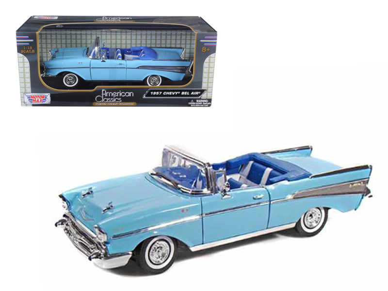 1957 Chevrolet Bel Air Convertible Light Blue with Blue Interior 1/18 Diecast Model Car by Motormax