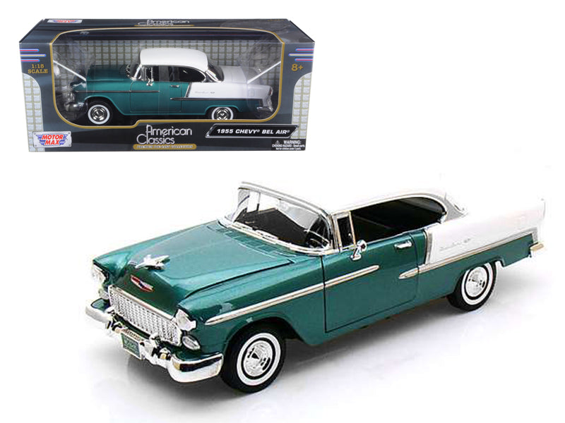 1955 Chevrolet Bel Air Hard Top Green Metallic and White 1/18 Diecast Model Car by Motormax