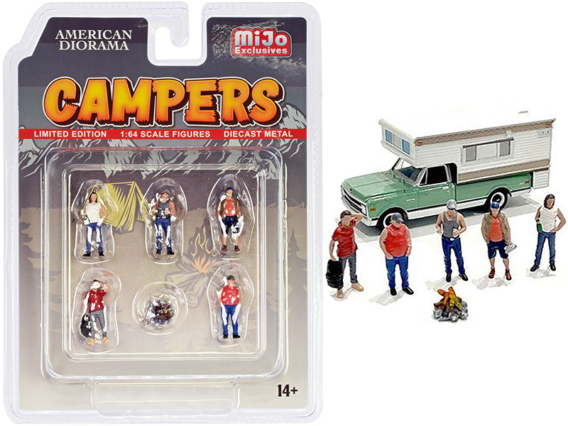 "Campers" 6 piece Diecast Set (5 Figurines and 1 Accessory) for 1/64 Scale Models by American Diorama