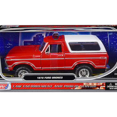 1978 Ford Bronco Fire Department Unmarked Red "Law Enforcement and Public Service" Series 1/24 Diecast Model Car by Motormax