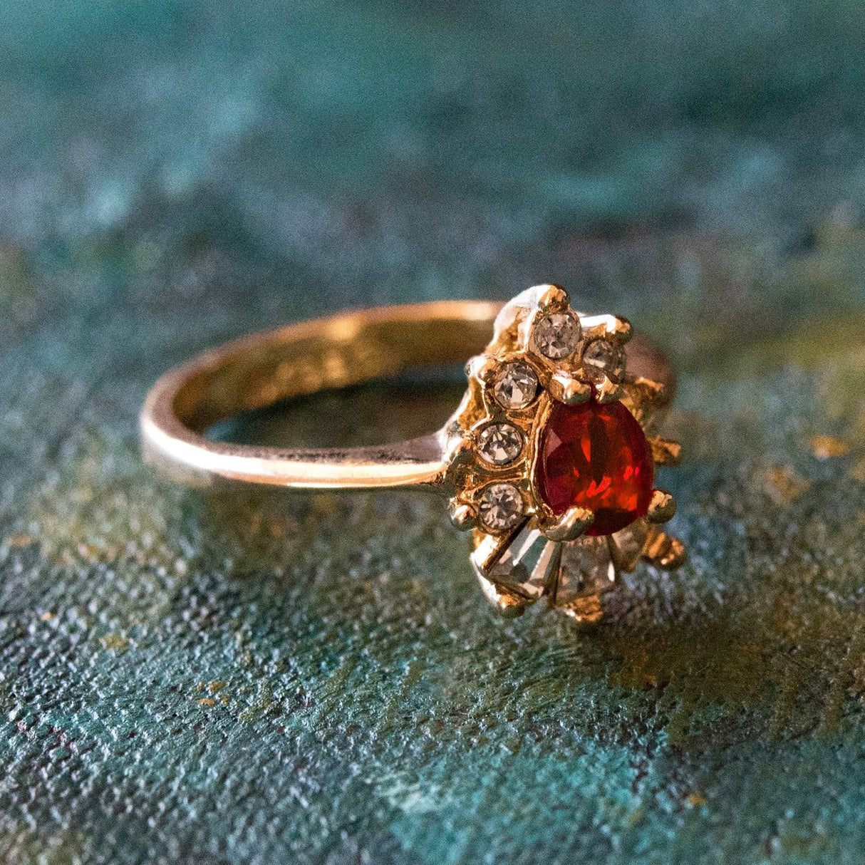 Vintage 1990's Ring Ruby and Clear Austrian Crystals 18k Yellow Gold Plated by PVD Vintage Jewelry