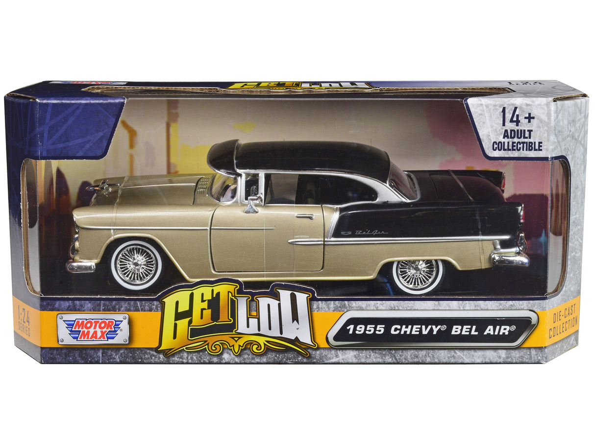 1955 Chevrolet Bel Air Lowrider Hard Top Beige Metallic and Black "Get Low" Series 1/24 Diecast Car Model by Motormax