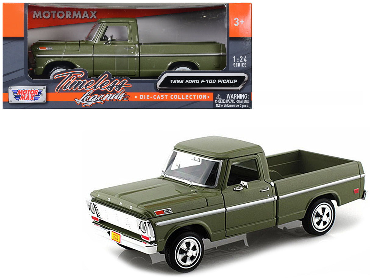 1969 Ford F-100 Pickup Truck Green 1/24 Diecast Model Car by Motormax