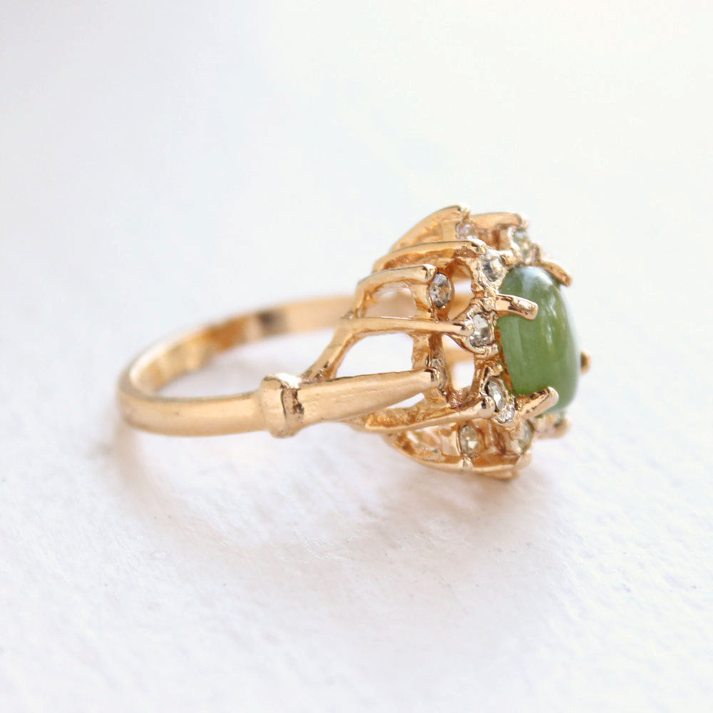 Vintage Ring Genuine Jade surrounded with Austrian Crystals 18k Yellow Gold Electroplated by PVD Vintage Jewelry