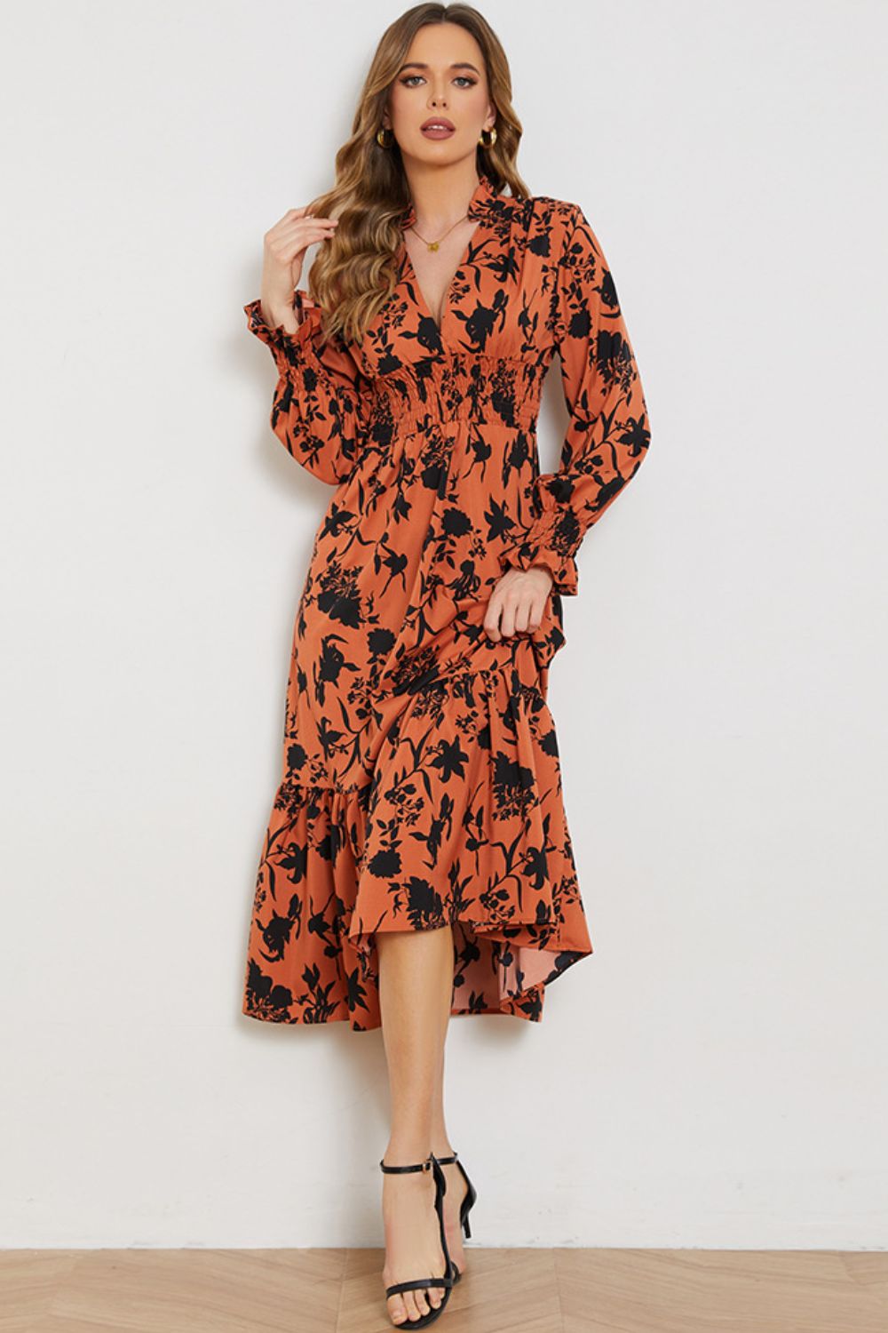 Floral Smocked Long Flounce Sleeve Dress by Faz