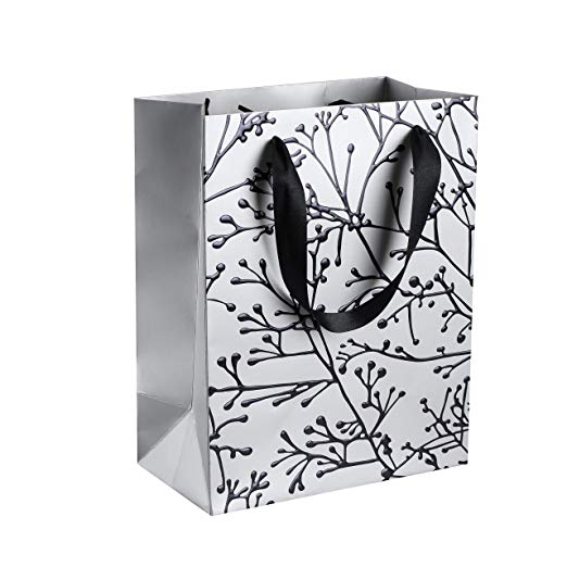 Floral Stems Design 9"X 7"X 4" Silver Foil Stamped Gift Bags 24 Pack by Hammont