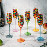 Stained Glass Champagne Flutes Set of 6 Hand Painted - Wine Savant - Hand Blown 7 Ounce Colorful Renaissance Champagne Glasses - 10.2" Tall, 2.7" Diameter Rainbow Multicolor Design Glassware by The Wine Savant