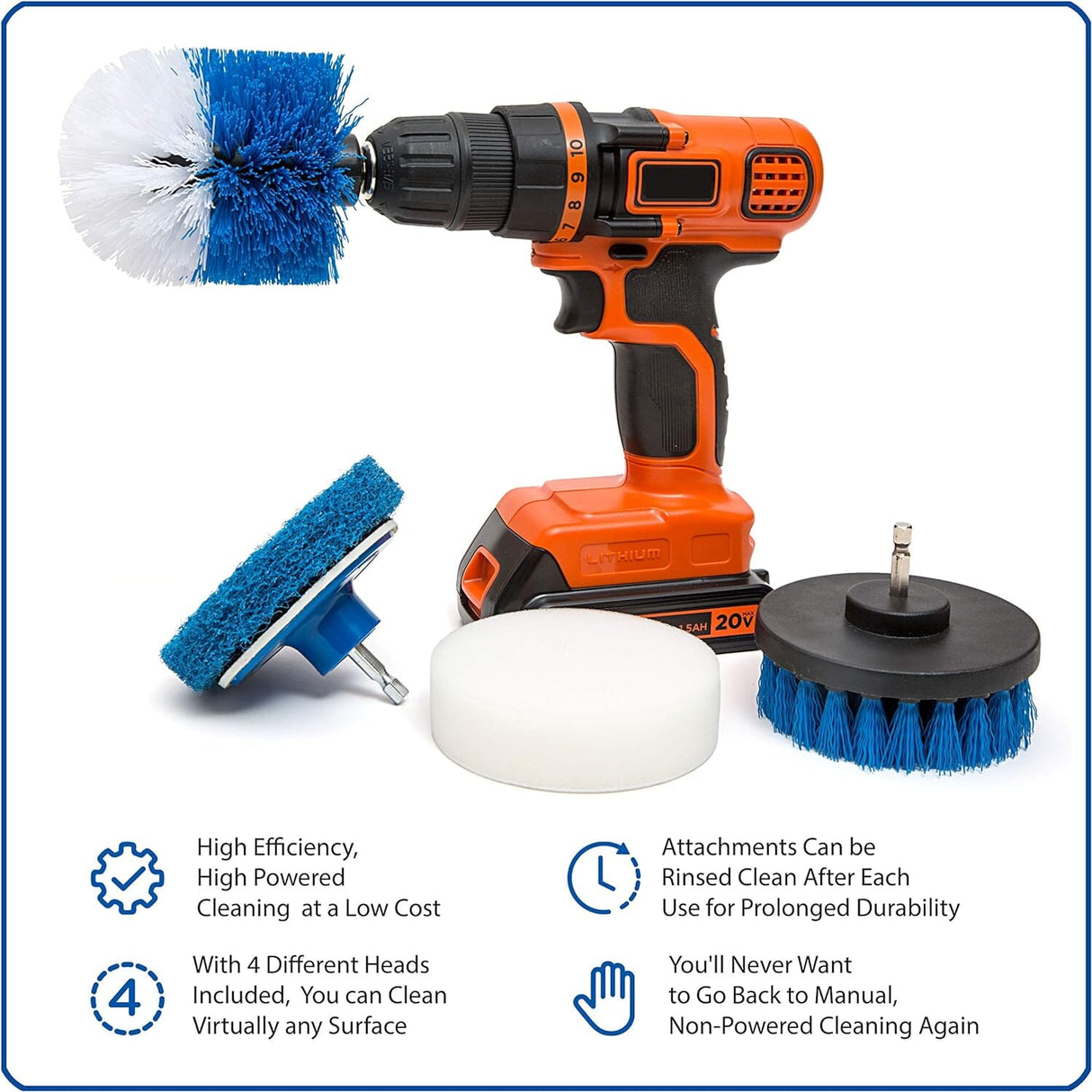 RevoClean 4 Piece Scrub Brush Power Drill Attachments-All Purpose Time Saving Kit-Perfect for Cleaning Grout, Tile, Counter, Shower, Grill, Floor, Kitchen, Blue & White by TubShroom.com