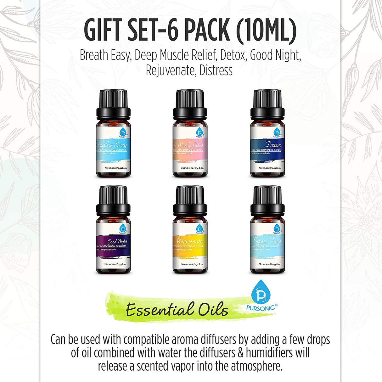 6 Pack of 100% Pure Essential Aromatherapy Oils Blends by Pursonic