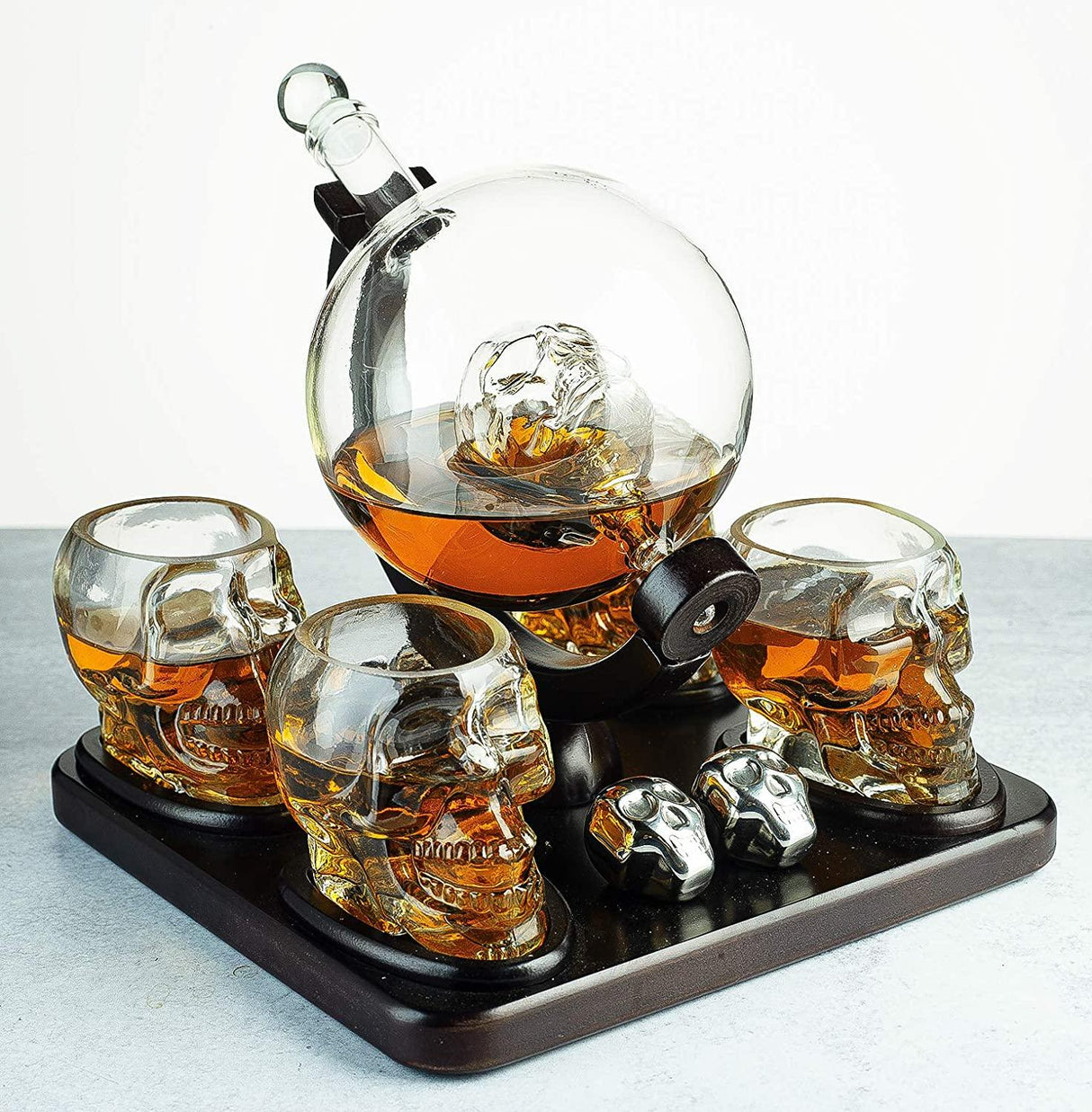 Skull Skeleton Wine & Whiskey Globe Decanter Set 850 mL With 4 Skull Head 3oz Skeletons Shot Glasses And Skull Chillers Wooden Base Decor Glass Goth Spooky Drinking Glassware The Wine Savant by The Wine Savant - Vysn