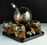 Skull Skeleton Wine & Whiskey Globe Decanter Set 850 mL With 4 Skull Head 3oz Skeletons Shot Glasses And Skull Chillers Wooden Base Decor Glass Goth Spooky Drinking Glassware The Wine Savant by The Wine Savant - Vysn