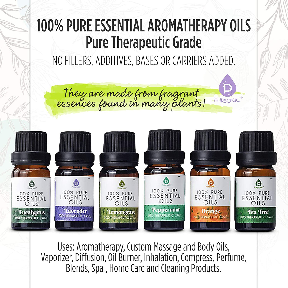 6 Pack of 100% Pure Essential Aromatherapy Oils by Pursonic